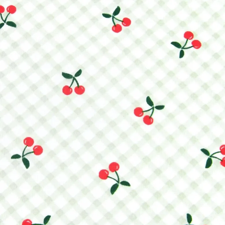 Tissu coton Cherries motif cerises fond vichy vert