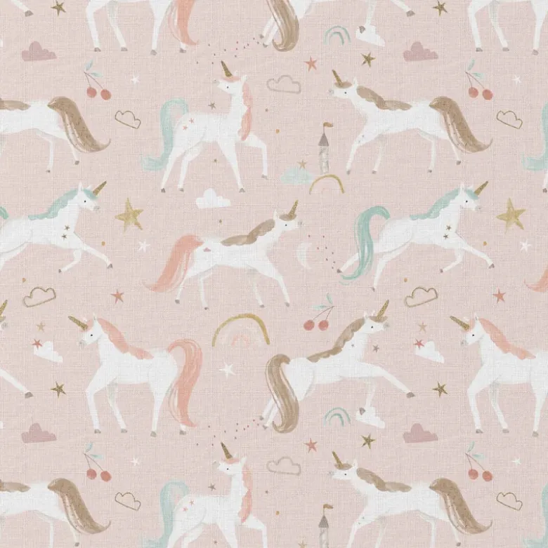 Tissu coton Coline motif licornes fond pétale - OEKO TEX