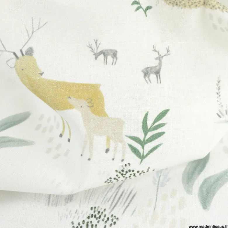 Tissu coton Country motifs arbres, lapins et renards fond blanc - OEKO TEX