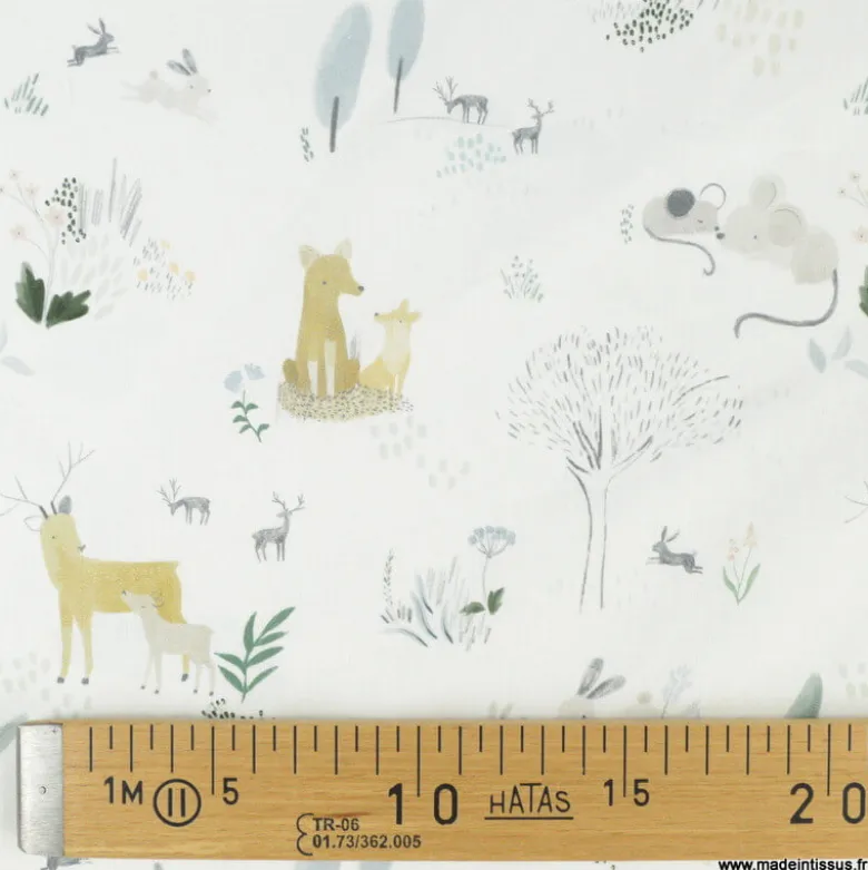 Tissu coton Country motifs arbres, lapins et renards fond blanc - OEKO TEX