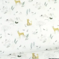 Tissu coton Country motifs arbres, lapins et renards fond blanc - OEKO TEX