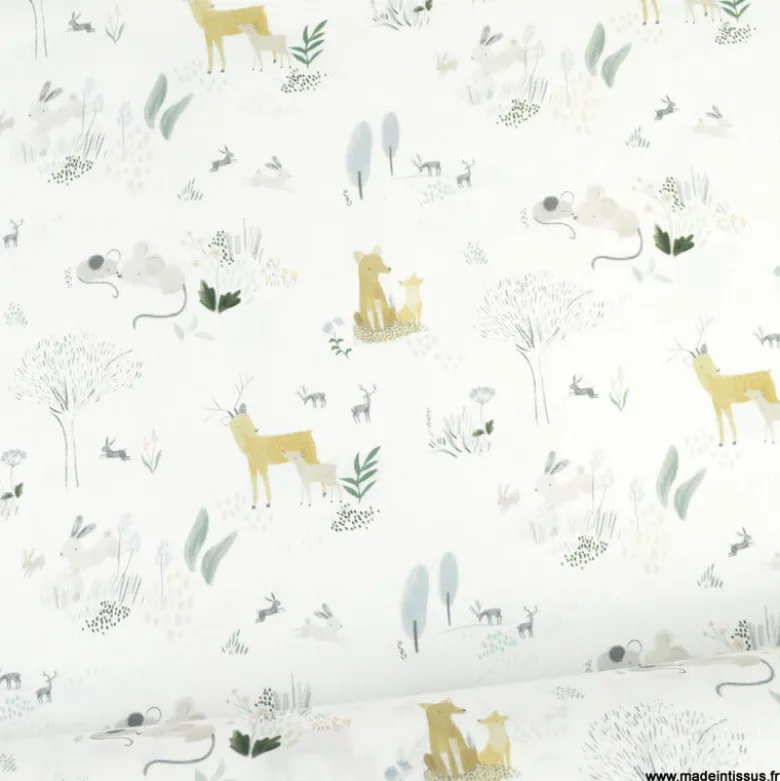 Tissu coton Country motifs arbres, lapins et renards fond blanc - OEKO TEX