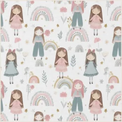 Tissu coton cretonne Talina – fillettes et arcs-en-ciel fond blanc