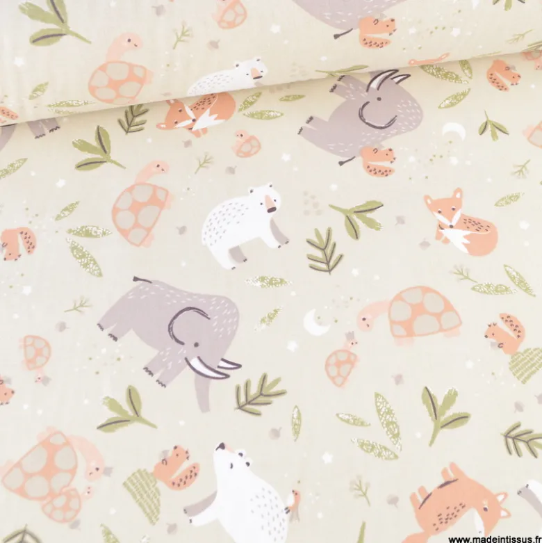 Tissu coton Cromignon motif animaux préhistoriques fond lin - OEKO TEX