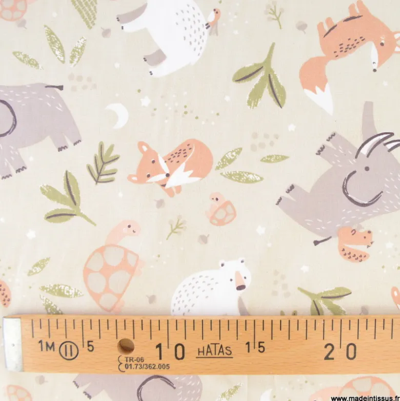 Tissu coton Cromignon motif animaux préhistoriques fond lin - OEKO TEX