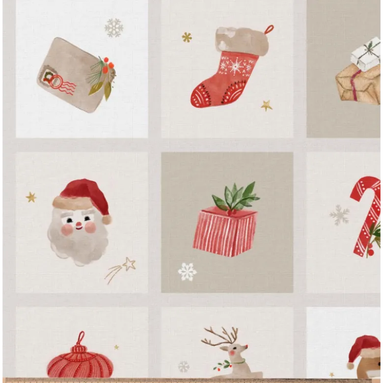 Tissu coton de Noël Finnois – Motifs calendrier de l’Avent fond écru