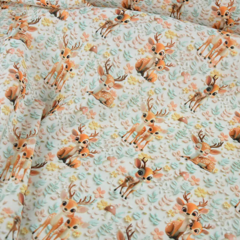 Tissu coton 3D Magi Deer - Motif Faons et champignons