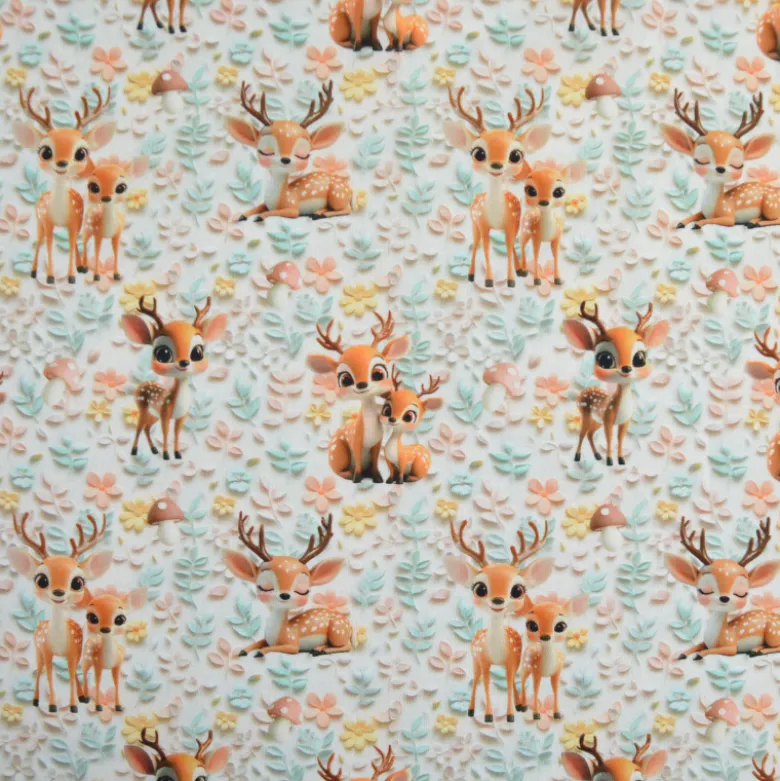 Tissu coton 3D Magi Deer - Motif Faons et champignons