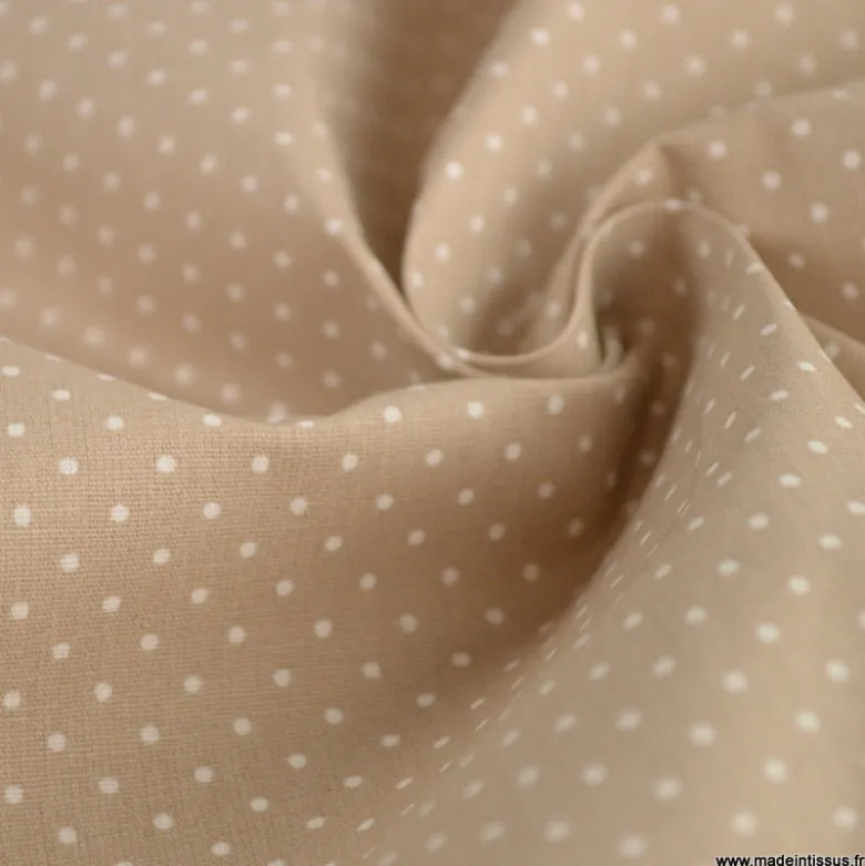 Tissu coton déperlant motifs Pois blanc fond Sable -Oeko tex
