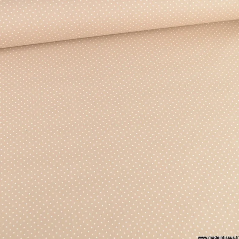 Tissu coton déperlant motifs Pois blanc fond Sable -Oeko tex