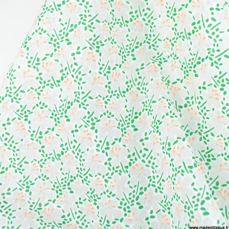 Tissu coton dévoré - motif fleuri vert et blanc