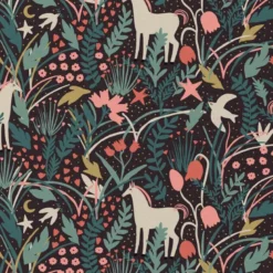 Tissu coton Enduit Azora motif feuillage et licorne fond noir