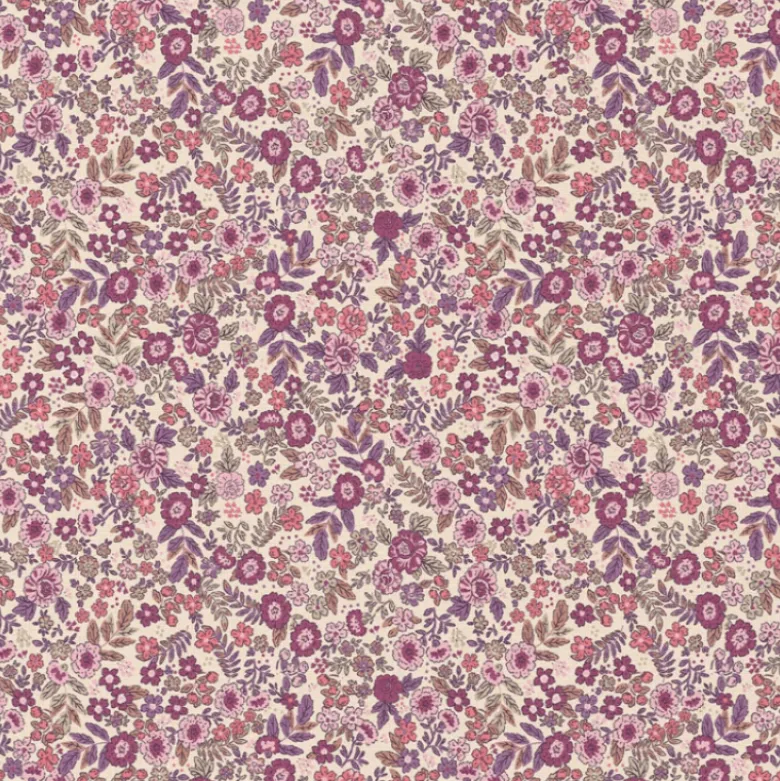Tissu coton Enduit Barbara motif fleurs violettes fond écru