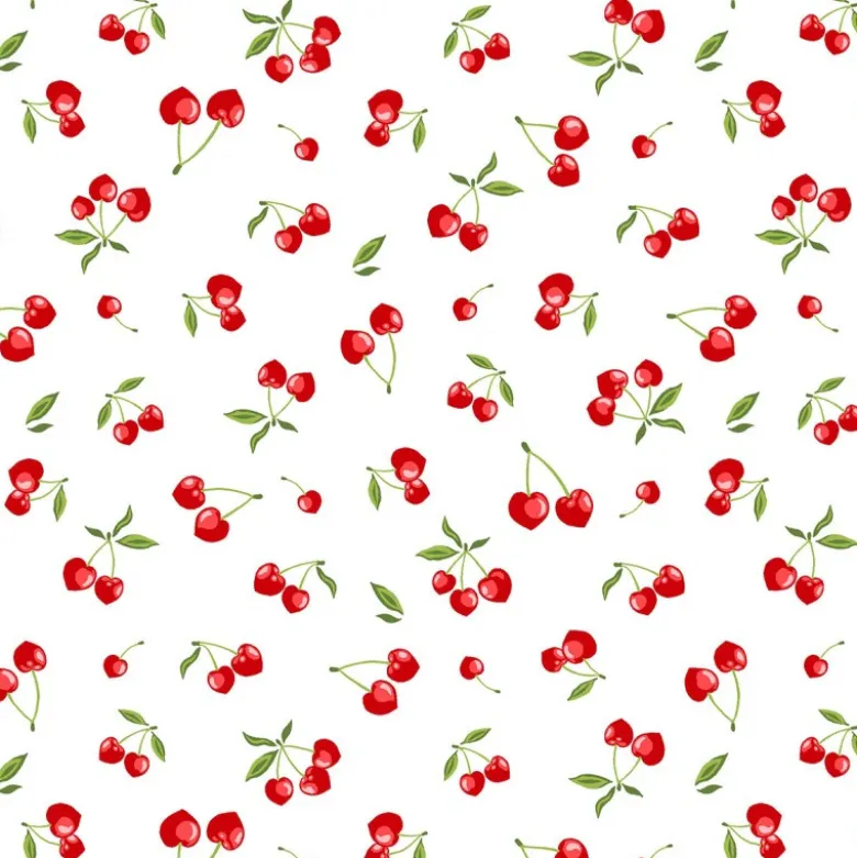 Tissu coton Enduit cerises fond blanc