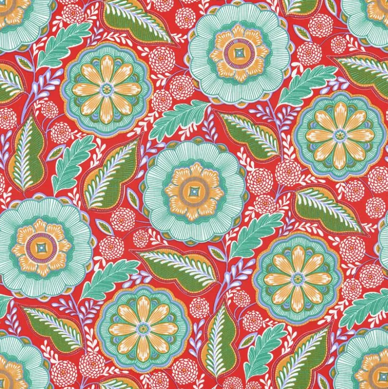 Tissu coton enduit Esther motif fleuri fond rouge