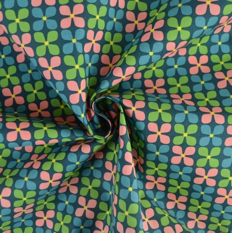 Tissu coton enduit fleurs vintage Pétrole et vert - Poppy