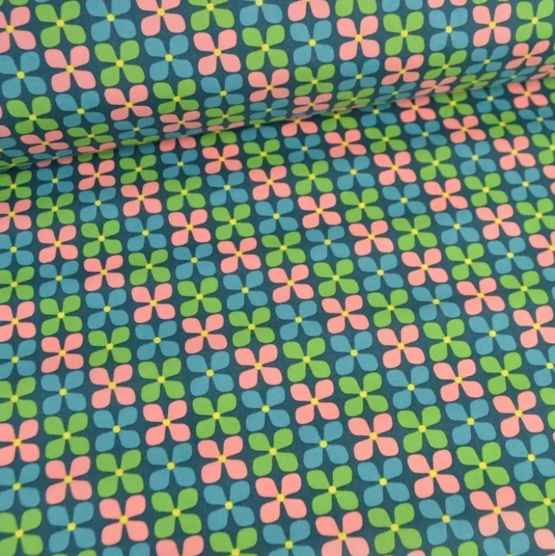 Tissu coton enduit fleurs vintage Pétrole et vert - Poppy