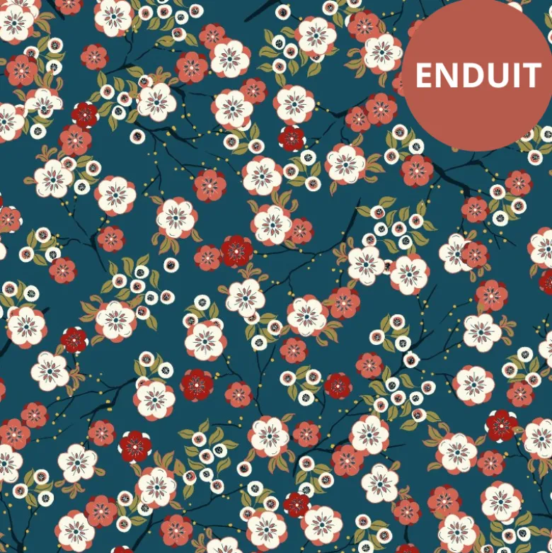 Tissu coton Enduit Hokkaido Pétrole Enduit motif fleurs