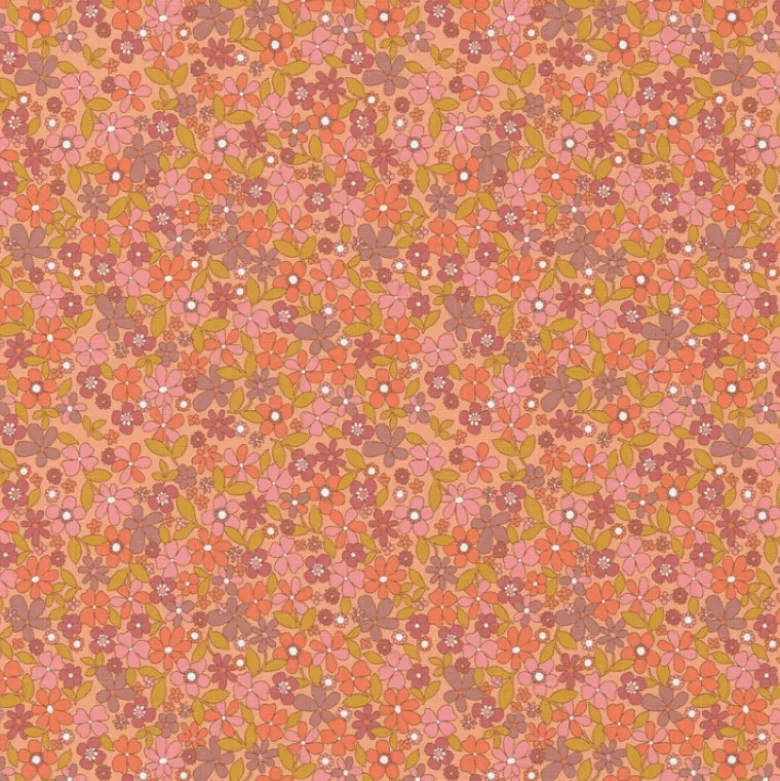 Tissu coton Enduit Joselita motif fleurs roses fond pêche