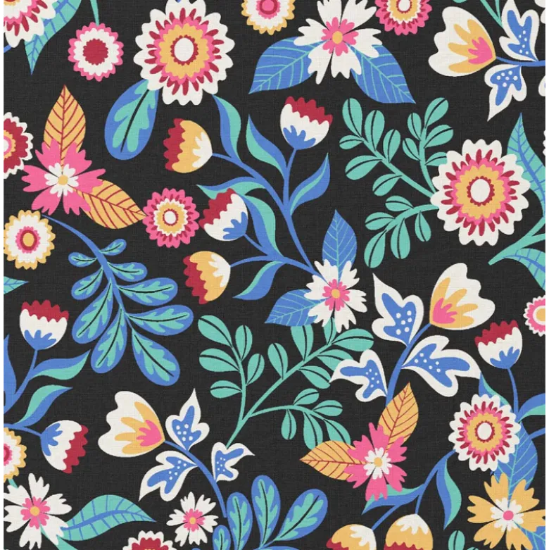 Tissu coton Enduit Kaleria motif fleurs fond noir