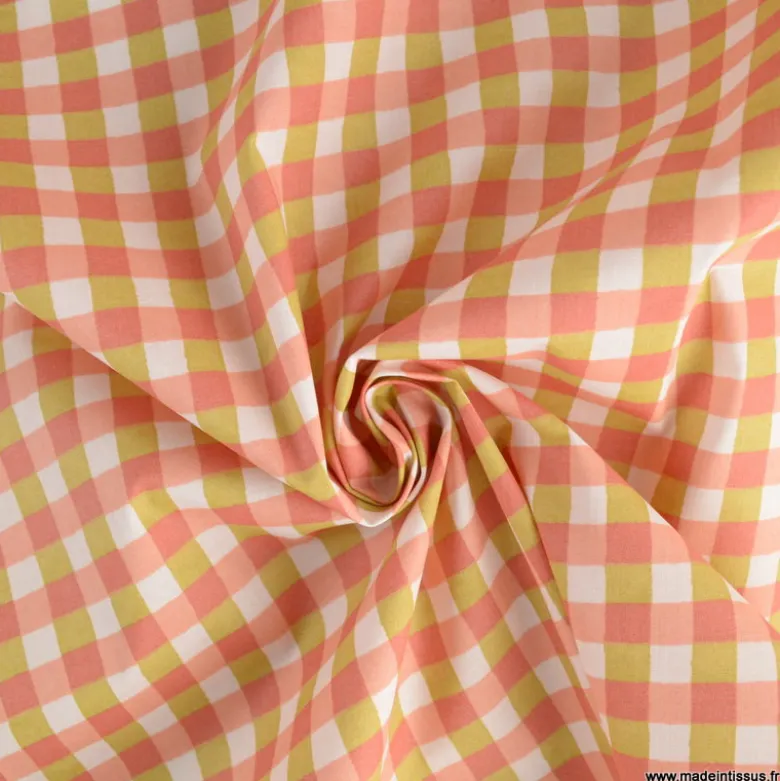Tissu coton Enduit Kavyo Vichy Sorbet et rose
