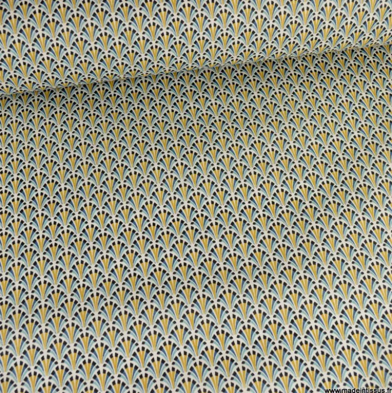 Tissu coton Enduit Kolius motif écailles Bleu et blanc