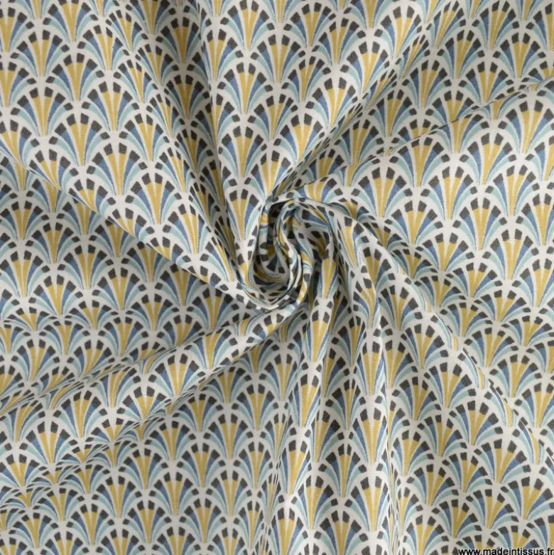 Tissu coton Enduit Kolius motif écailles Bleu et blanc