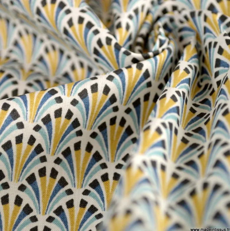 Tissu coton Enduit Kolius motif écailles Bleu et blanc