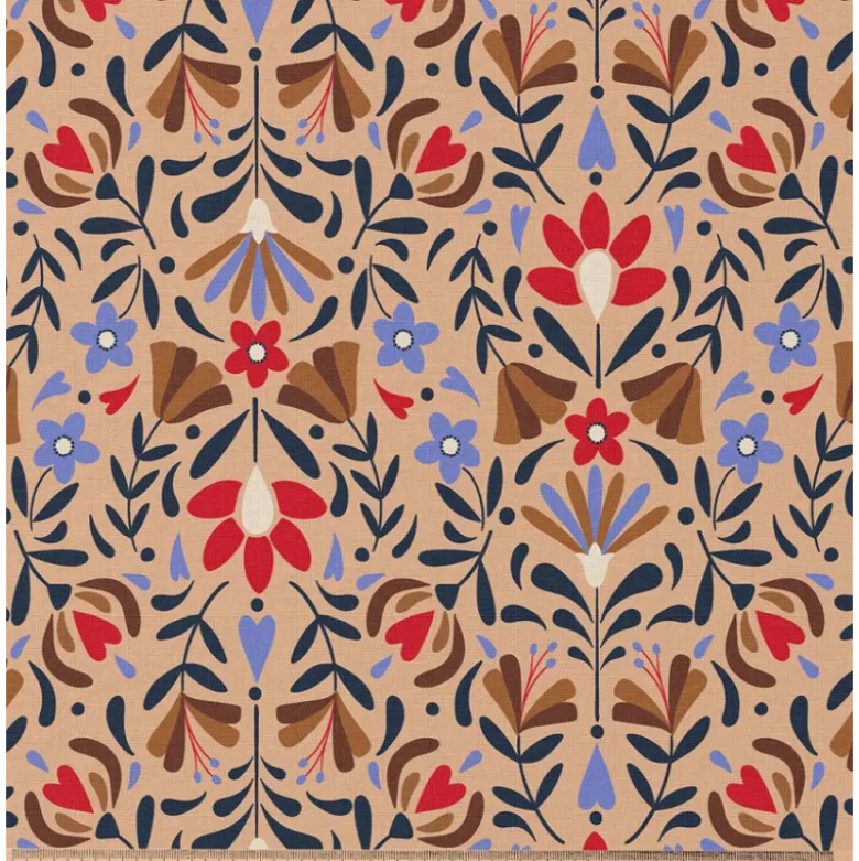 Tissu coton Enduit Lafleur motif fleurs fond beige