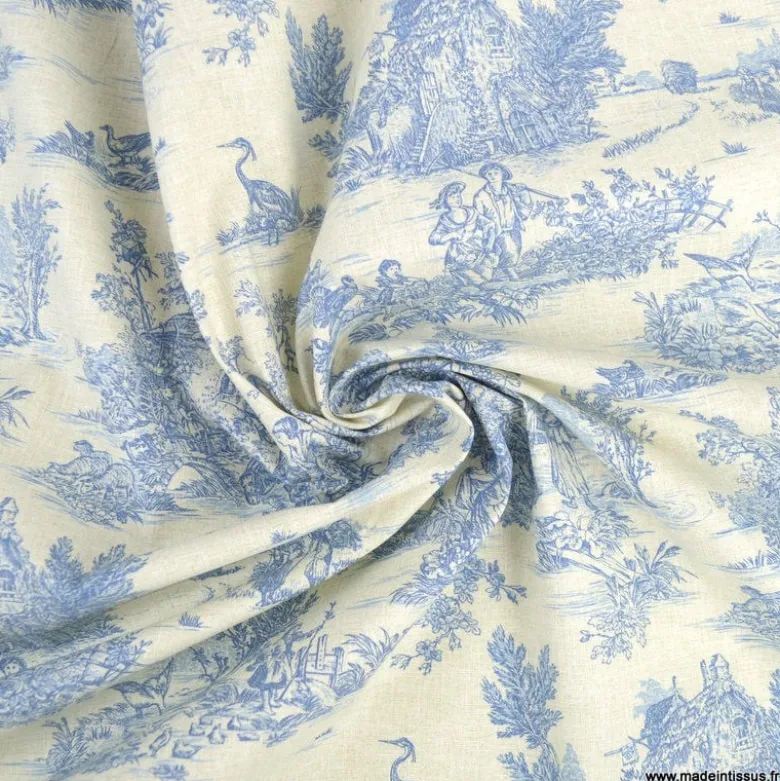 Tissu coton Enduit Mini Pastorale motif Toile de Jouy Bleu