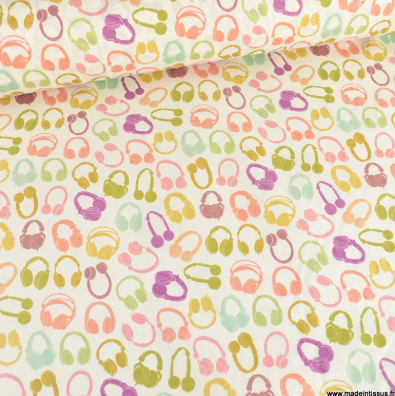 Tissu coton Enduit motif casques audio vintage