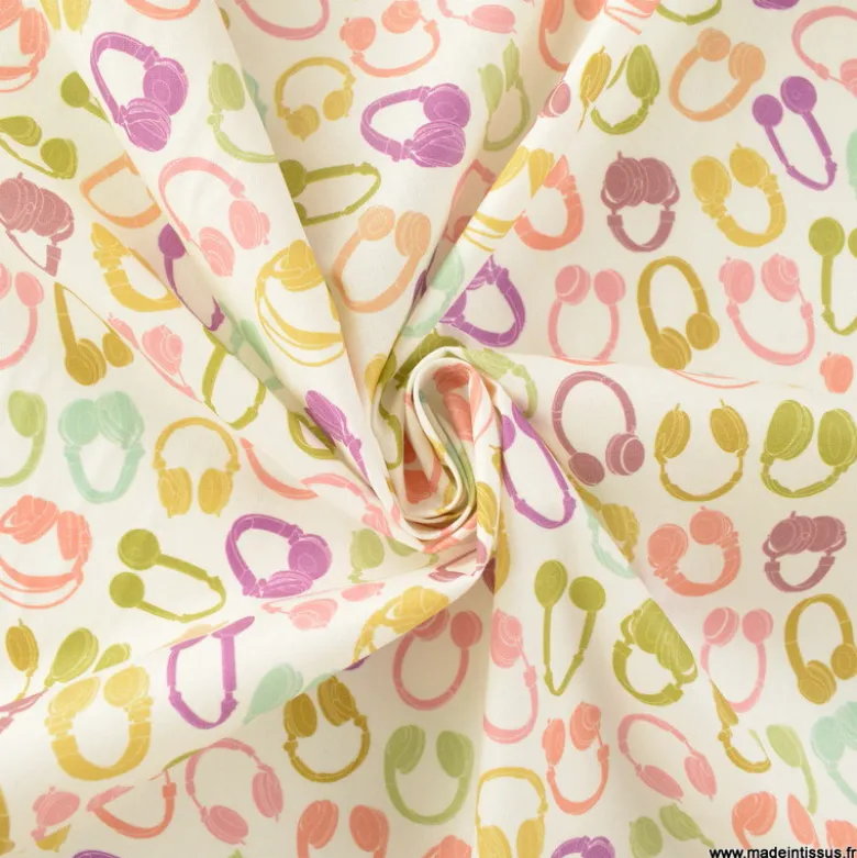 Tissu coton Enduit motif casques audio vintage