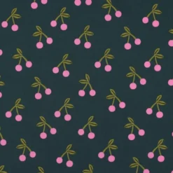Tissu coton Enduit motifs cerises fond vert foncé