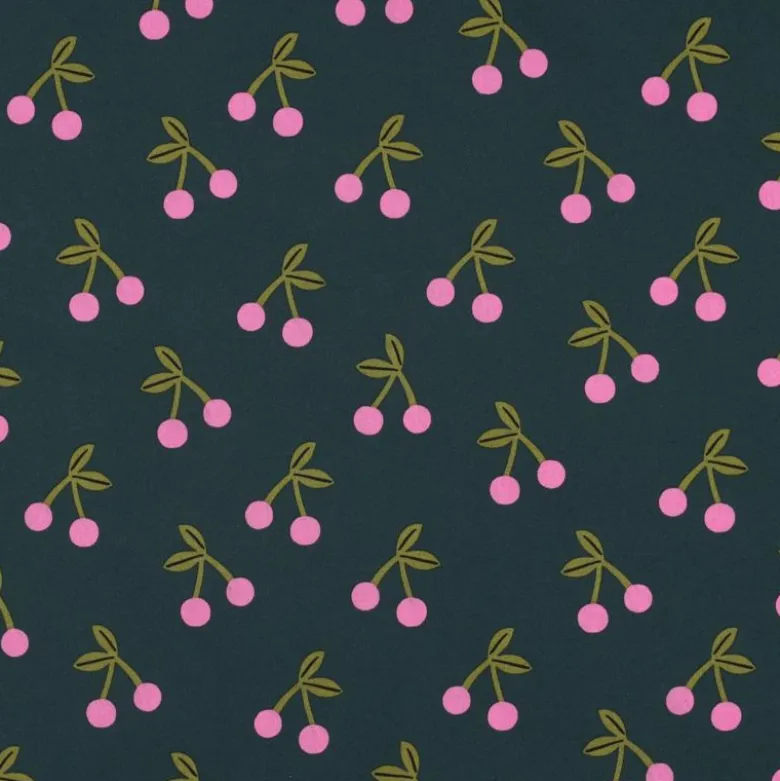 Tissu coton Enduit motifs cerises fond vert foncé