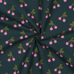 Tissu coton Enduit motifs cerises fond vert foncé