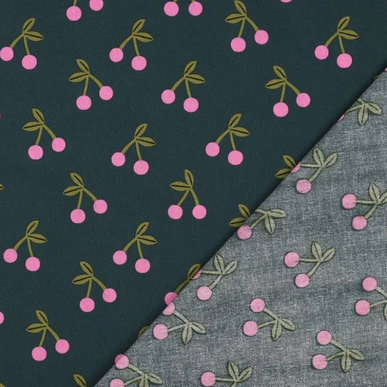 Tissu coton Enduit motifs cerises fond vert foncé