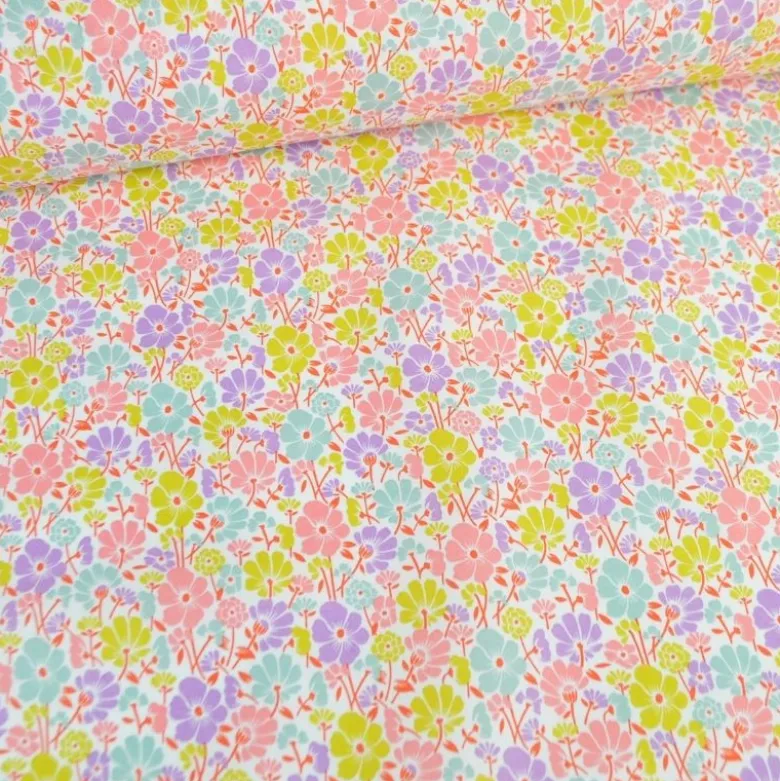 Tissu coton enduit petites fleurs roses et parme fond blanc - Poppy