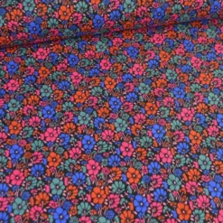 Tissu coton enduit petites fleurs vintage bleues et rouge - Poppy