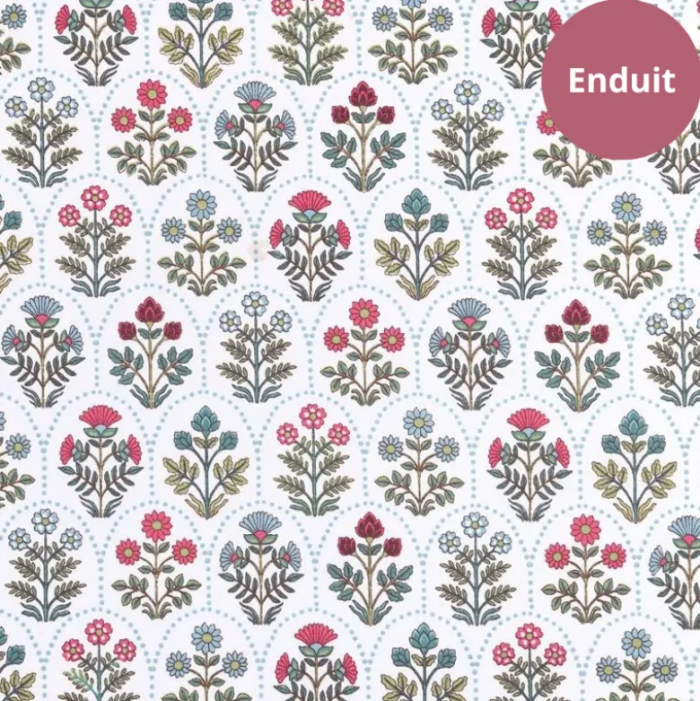 Tissu coton Enduit Saphir motif Herbier fond blanc