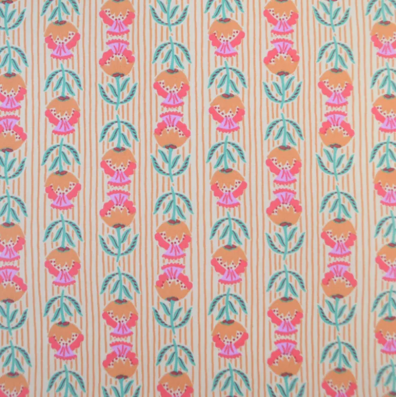 Tissu coton Enduit Surie motif fleurs indiennes vert et rose