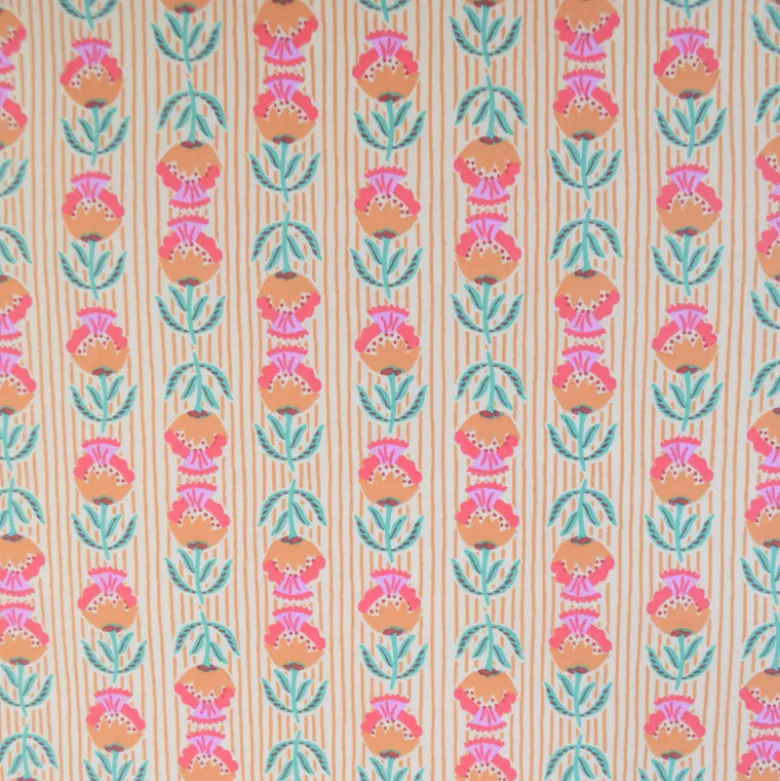Tissu coton Enduit Surie motif fleurs indiennes vert et rose