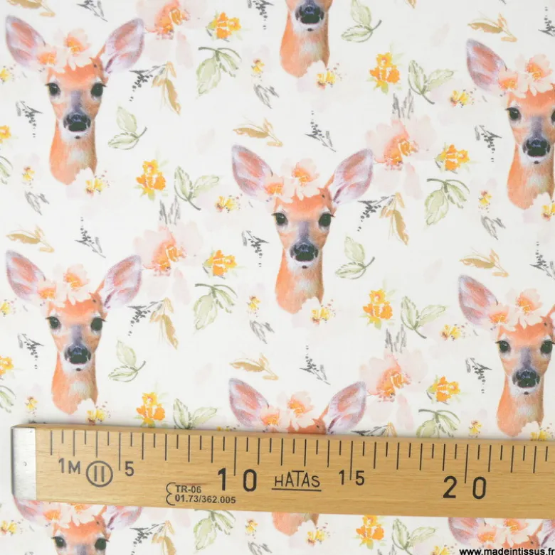 Tissu coton Faflou motifs biches et fleurs fond blanc - OEKO TEX