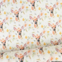 Tissu coton Faflou motifs biches et fleurs fond blanc - OEKO TEX
