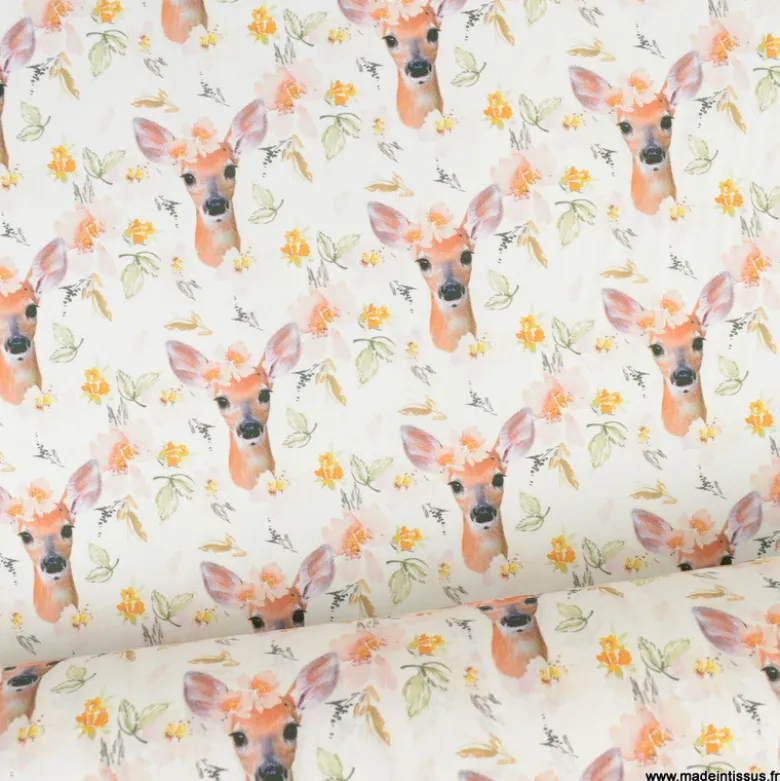 Tissu coton Faflou motifs biches et fleurs fond blanc - OEKO TEX