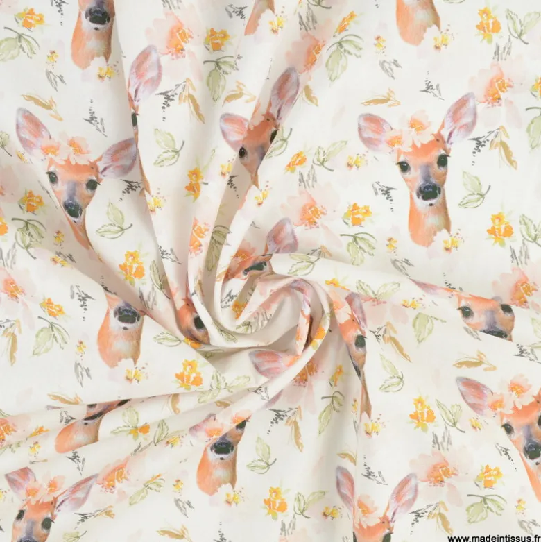 Tissu coton Faflou motifs biches et fleurs fond blanc - OEKO TEX