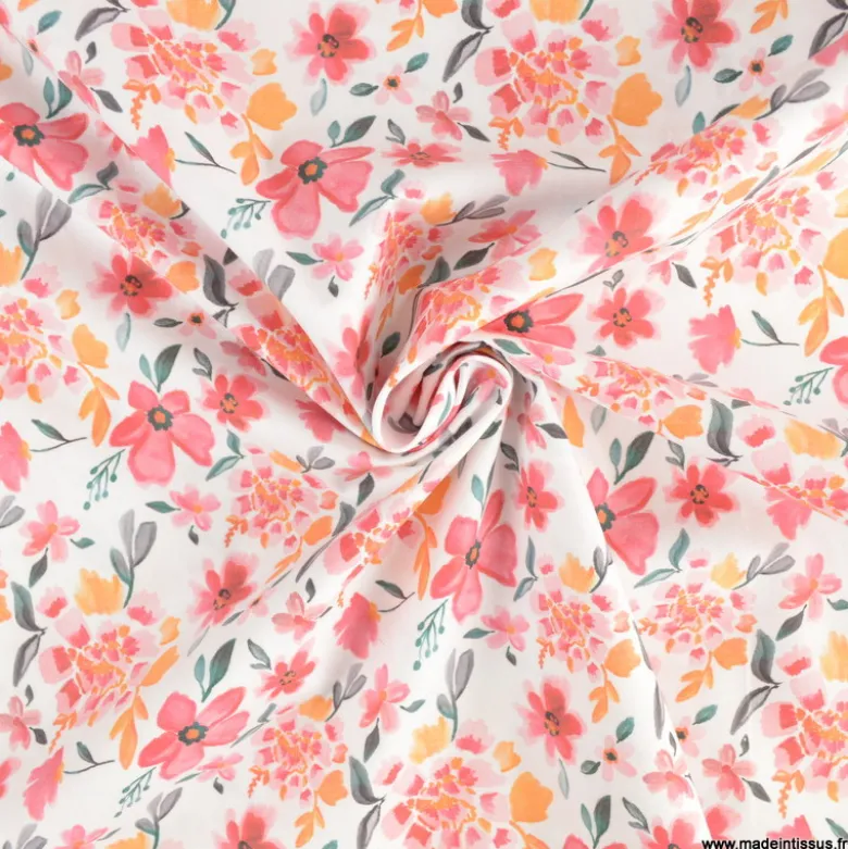 Tissu coton Felis motif fleurs aquarelle roses fond blanc