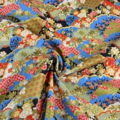 Tissu coton Foil motif traditionnels bleu, rouge et or