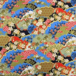 Tissu coton Foil motif traditionnels bleu, rouge et or