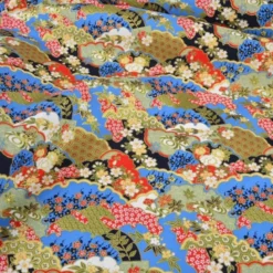 Tissu coton Foil motif traditionnels bleu, rouge et or