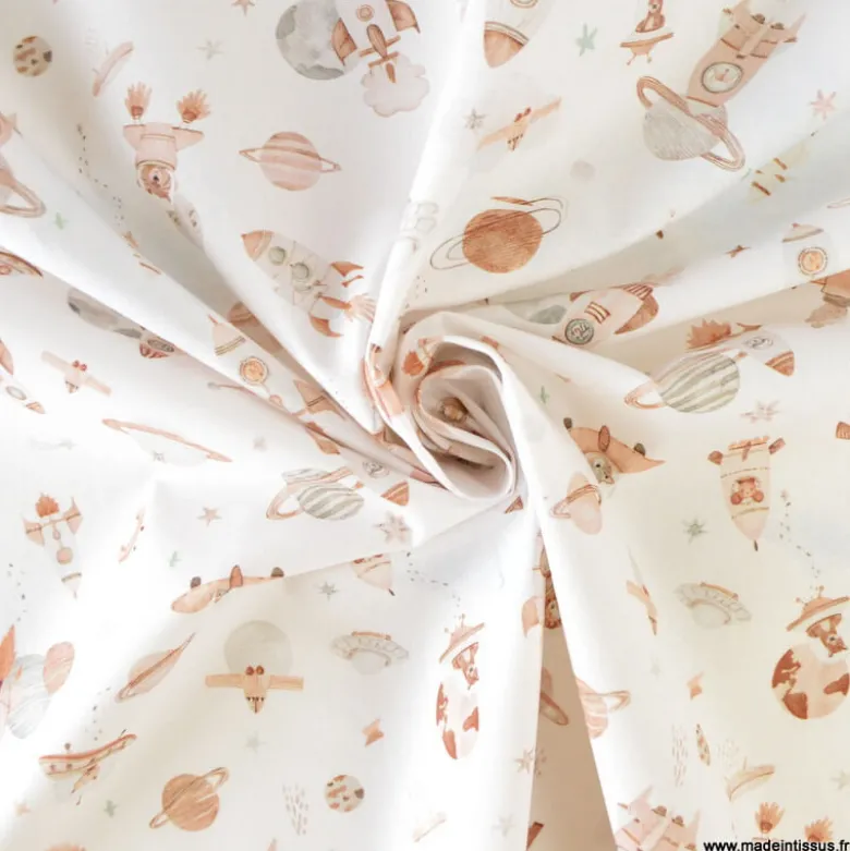 Tissu coton Fuzbuz motif fusées et espace fond écru -OEKO TEX